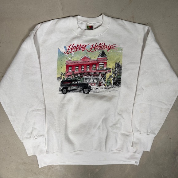 Fruit of the Loom Tops - Vintage Happy Holidays Schnuck‎ Confectionery graphic Sweatshirt White L
